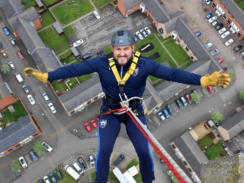 Northampton Saints' mascot, Bernie, abseils down the National Lift Tower to raise money for the NSF (Saturday, May 22).