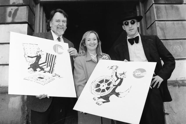 American Evangelist Buck E. Jett (alias David Woods) at the launch of the Eurocat Community Arts Training Programme at the Playhouse with Ivan Armstrong, Arts Council, and Pauline Ross, Playhouse.