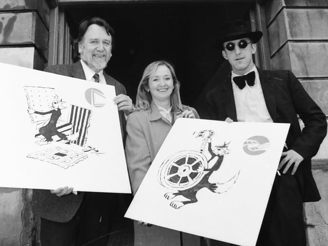 American Evangelist Buck E. Jett (alias David Woods) at the launch of the Eurocat Community Arts Training Programme at the Playhouse with Ivan Armstrong, Arts Council, and Pauline Ross, Playhouse.