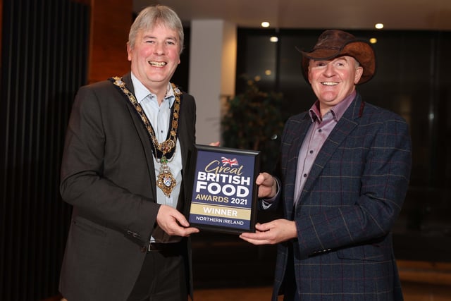 The Mayor of Causeway Coast and Glens Borough Council Councillor Richard Holmes pictured with Great Taste Award winner Alastair Bell of Irish Black Butter