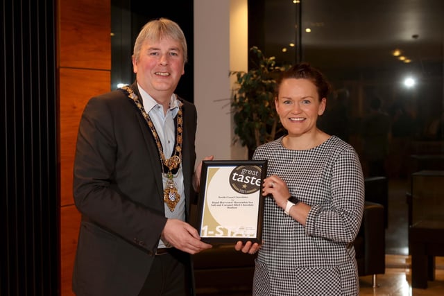 The Mayor of Causeway Coast and Glens Borough Council Councillor Richard Holmes pictured with Great Taste Award winner Lisa Bailey from North Coast Chocolates