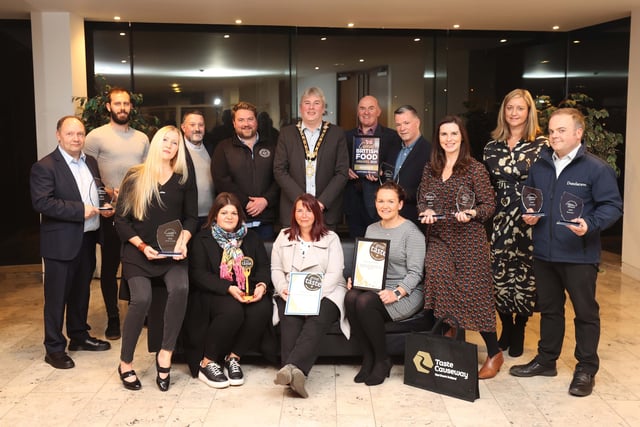 The Mayor of Causeway Coast and Glens Borough Council Councillor Richard Holmes pictured at Cloonavin with Great Taste Award and Blas nah Eireann winners from Causeway Coast and Glens