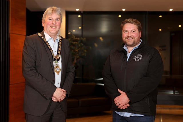 The Mayor of Causeway Coast and Glens Borough Council Councillor Richard Holmes pictured with Blas na hEireann winner Alastair Crown from Corndale Farm