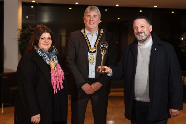 The Mayor of Causeway Coast and Glens Borough Council Councillor Richard Holmes pictured with Great Taste Award winners Daniella and Arnaldo Morelli from Morelli’s ice-cream