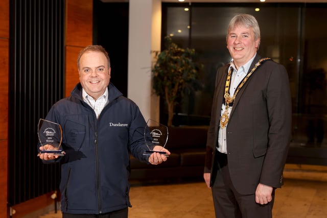 The Mayor of Causeway Coast and Glens Borough Council Councillor Richard Holmes pictured with Great Taste Award and Blas na hÉireann winner Niall McGinn from Dundarave Estate