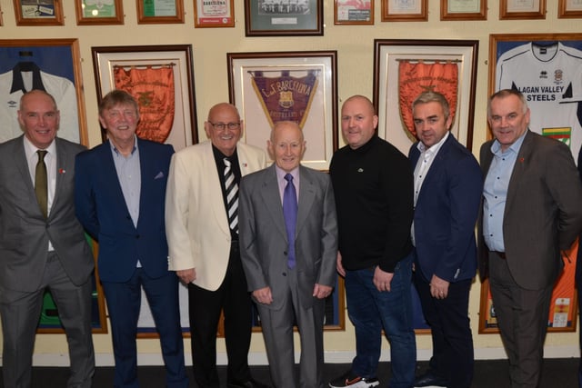 Guests at the anniversary event, left to right, Winston 'Winky' Armstrong, Marty Quinn, Billy Bell (compere), Roy Welsh, Chris Deegan, Gerry Flynn (Dream Spanish Homes, Lisburn Distillery shirt sponsor), Glenn Ferguson and Paul Muir. Picture: Jonathan Irwin