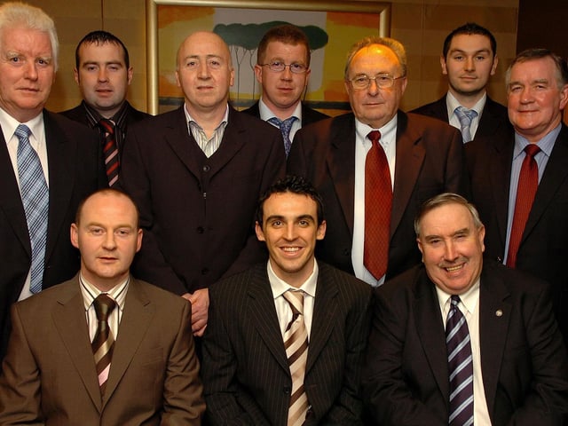 Ballinderry and Derry star Kevin McGuckin who was the special guest at Ogra Colmcille GFC presentation dinner dance in 2007 pictured with club officials.