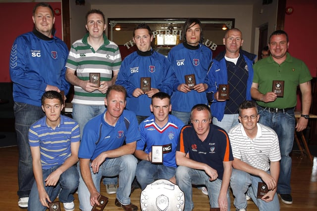 Hazelbank FC winners of the Dallas Mortgages Shield pictured during the Hutchinson Tiles prizegiving at the Sperrin Club last Saturday. CR22-279PL
