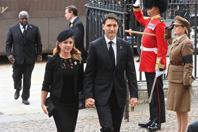 LONDON, ENGLAND - SEPTEMBER 19: Prime Minister of Canada Justin Trudeau and his wife Sophie Trudeau arrive for the State Funeral of Queen Elizabeth II at Westminster Abbey on September 19, 2022 in London, England. Elizabeth Alexandra Mary Windsor was born in Bruton Street, Mayfair, London on 21 April 1926. She married Prince Philip in 1947 and ascended the throne of the United Kingdom and Commonwealth on 6 February 1952 after the death of her Father, King George VI. Queen Elizabeth II died at Balmoral Castle in Scotland on September 8, 2022, and is succeeded by her eldest son, King Charles III. (Photo by Geoff Pugh - WPA Pool/Getty Images)