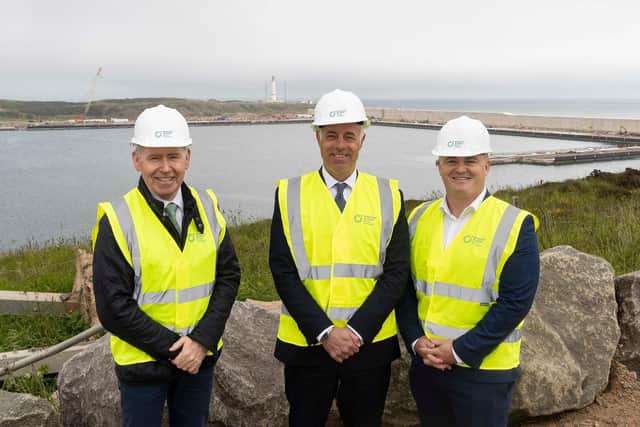 Pictured (left to right) are Simon Brebner, Peterhead Port Authority, Bob Sanguinetti, Chief Executive, Port of Aberdeen and Jon Matthews, Group Head of Capital and Planning overlooking the £400 million Aberdeen South Harbour development at the announcement of the North East Scotland Green Freeport bid