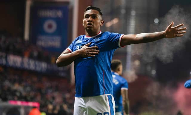 Alfredo Morelos celebrates after scoring Rangers' third in the 3-2 win over Hibs at Ibrox. (Photo by Craig Foy / SNS Group)