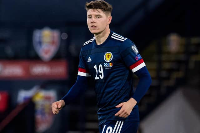 Kevin Nisbet's struggles on his first Scotland start, against Moldova last month, suggest it is too early to consider him as a potential partner at the weekend  for Lyndon Dykes, with Che Adams serving a ban.  (Photo by Ross Parker / SNS Group)