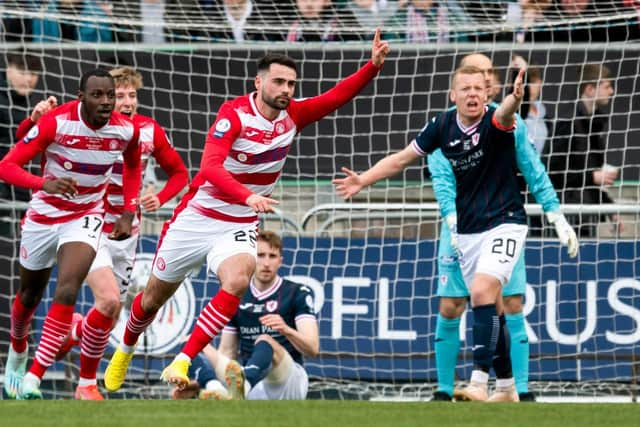 Regan Tumilty celebrates putting Accies ahead against his old club.