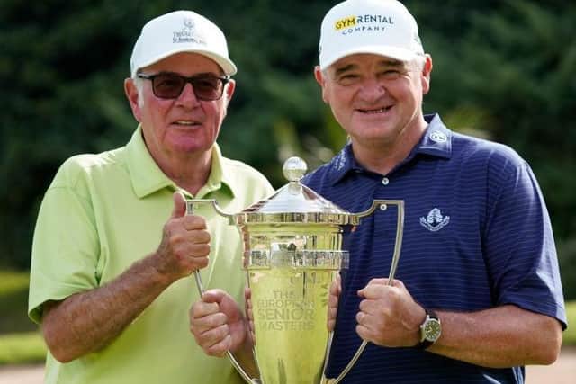 Paul Lawrie shows off the trophy with Farmfoods chairman and close friend Eric Herd after his weekend win in the Farmfoods European Senior Masters hosted by Peter Baker at La Manga Club in Spain. Picture: Phil Inglis/Getty Images.