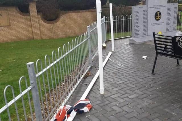 A flagpole at Carronshore War Memorial was snapped in two. Picture: Carronshore Heritage Forum on Facebook.