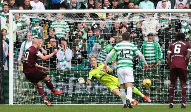 Hearts striker Liam Boyce sends Celtic goalkeeper Joe Hart the wrong way with a penalty to pull a goal back in the Premier Sports Cup tie. (Photo by Craig Williamson / SNS Group)