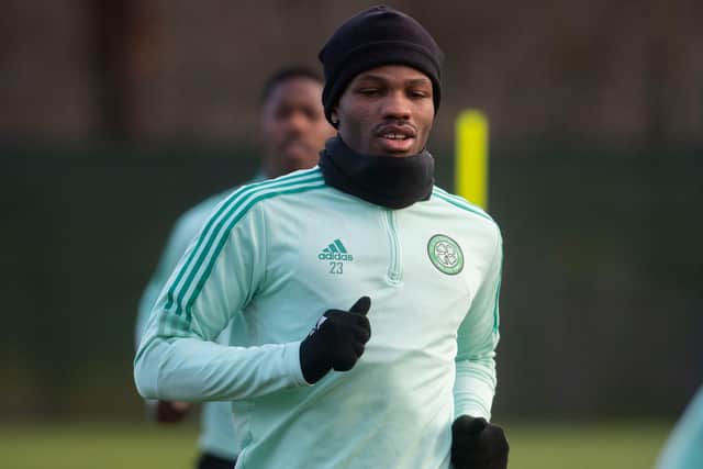 Boli Bolingoli during a Celtic training session at Lennoxtown. He has now moved on loan to FC Ufa.