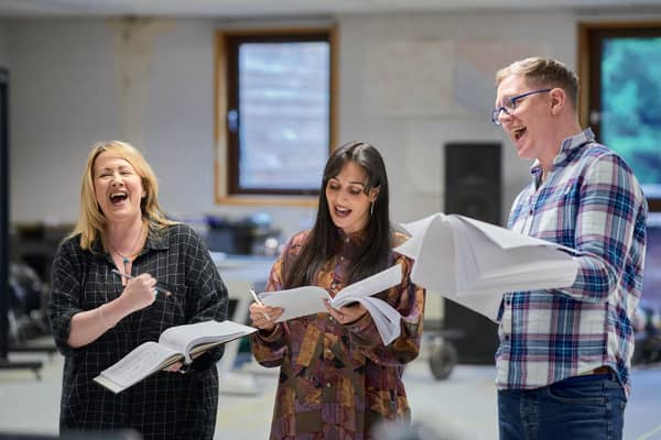 Shona White, Blythe Jandoo and Ben Stock in rehearsals for Gypsy at Pitlochry Festival Theatre PIC: Fraser Band