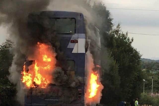 This bus went up in flames near Denny in August 2018 following an engine fuel line or pump fault