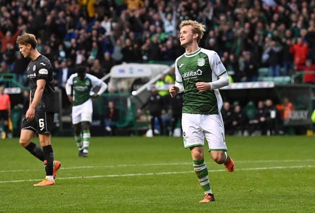 Ewan Henderson celebrates scoring to make it 3-0 to Hibs after their victory against St Mirren. Picture: SNS