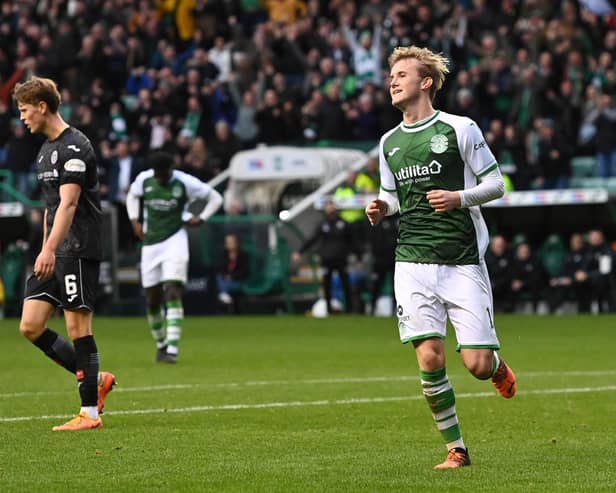 Ewan Henderson celebrates scoring to make it 3-0 to Hibs after their victory against St Mirren. Picture: SNS