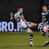 Matteo Gabbia of AC Milan battles for possession with Aaron McEneff of Shamrock Rovers during the UEFA Europa League second qualifying round matchin Tallaght, Ireland. (Photo by Charles McQuillan/Getty Images)