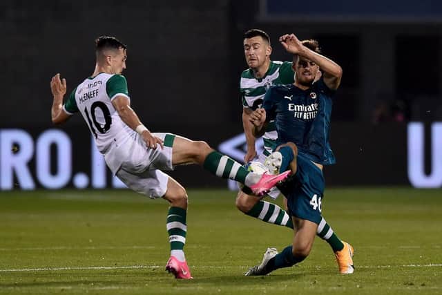 Matteo Gabbia of AC Milan battles for possession with Aaron McEneff of Shamrock Rovers during the UEFA Europa League second qualifying round matchin Tallaght, Ireland. (Photo by Charles McQuillan/Getty Images)