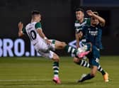 Matteo Gabbia of AC Milan battles for possession with Aaron McEneff of Shamrock Rovers during the UEFA Europa League second qualifying round matchin Tallaght, Ireland. (Photo by Charles McQuillan/Getty Images)