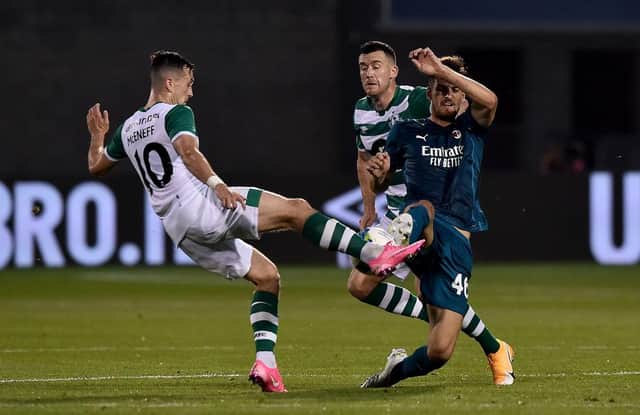 Matteo Gabbia of AC Milan battles for possession with Aaron McEneff of Shamrock Rovers during the UEFA Europa League second qualifying round matchin Tallaght, Ireland. (Photo by Charles McQuillan/Getty Images)