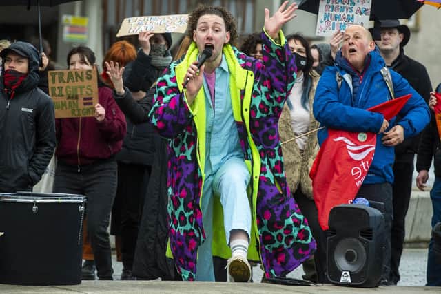 Supporters of the gender reform bill staged their own protest outside Holyrood on Friday, while opponents of the legilation also held a demonstration. Picture: Lisa Ferguson