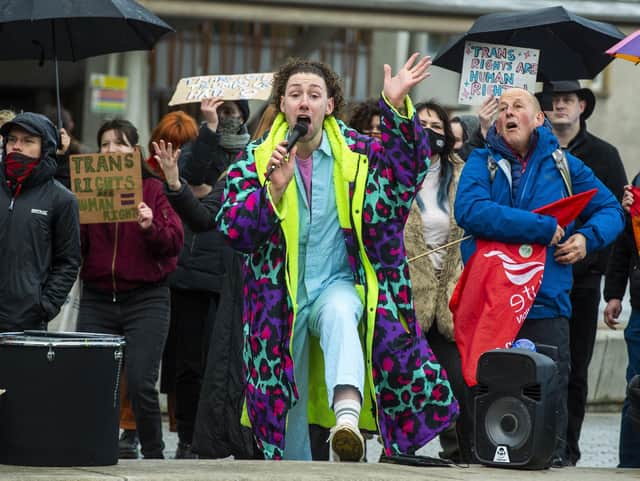 Supporters of the gender reform bill staged their own protest outside Holyrood on Friday, while opponents of the legilation also held a demonstration. Picture: Lisa Ferguson