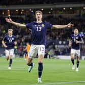Jack Hendry celebrates scoring for Scotland against Republic of Ireland.