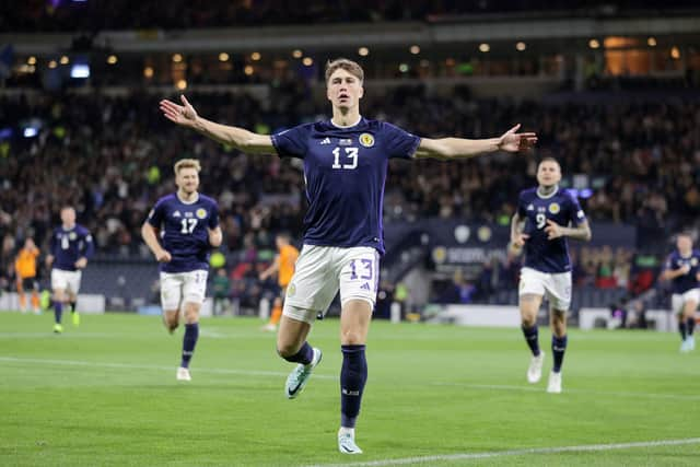 Jack Hendry celebrates scoring for Scotland against Republic of Ireland.