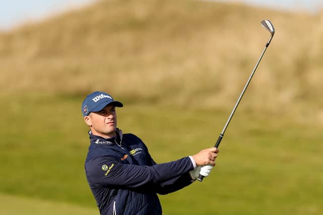 David Law plays his second shot on the 18th hole at Kingsbarns Golf Links on day one of the Alfred Dunhill Links Championship. Picture: Richard Heathcote/Getty Images.