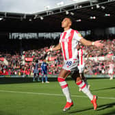 Jacob Brown of Stoke City celebrates scoring during the Sky Bet Championship match against Cardiff.