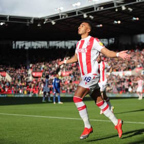 Jacob Brown of Stoke City celebrates scoring during the Sky Bet Championship match against Cardiff.