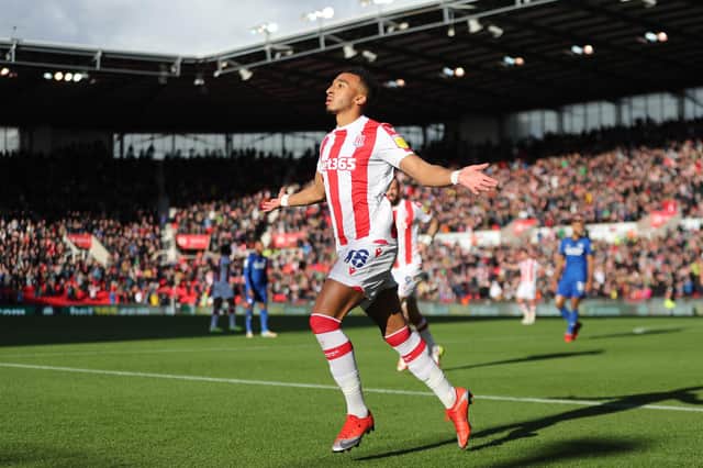 Jacob Brown of Stoke City celebrates scoring during the Sky Bet Championship match against Cardiff.