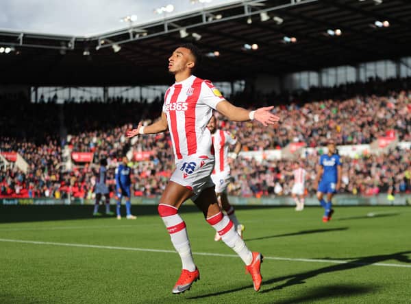 Jacob Brown of Stoke City celebrates scoring during the Sky Bet Championship match against Cardiff.