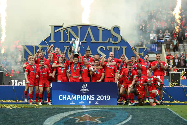 Saracens celebrate after their victory in the 2019 Heinekn Champions Cup final at St James' Park in Newcastle last May. Picture: David Rogers/Getty Images