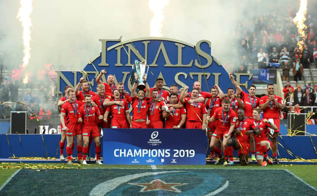 Saracens celebrate after their victory in the 2019 Heinekn Champions Cup final at St James' Park in Newcastle last May. Picture: David Rogers/Getty Images