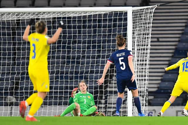 Ukraine's Roksolana Kravchuk (R) celebrates making it 1-0.