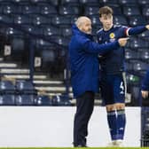 Scotland manager Steve Clarke (left) chats to Jack Hendry during a World Cup qualifier against Austria at Hampden in 2021. Hendry could reach 25 caps in this international window  (Photo by Craig Williamson / SNS Group)