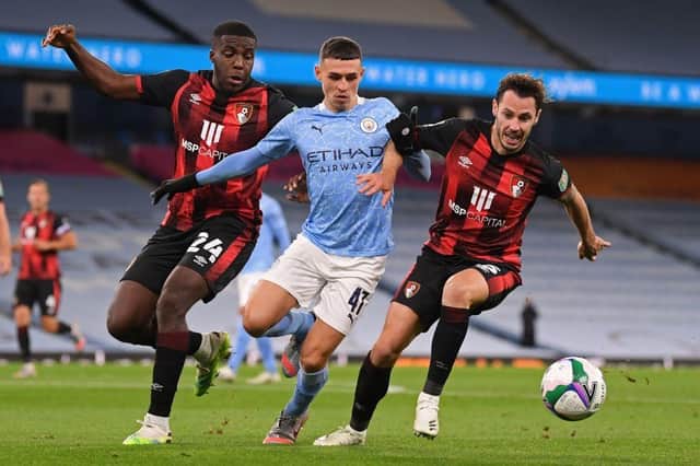 Nnamdi Ofoborh in action for Bournemouth against Manchester City. Picture: Getty