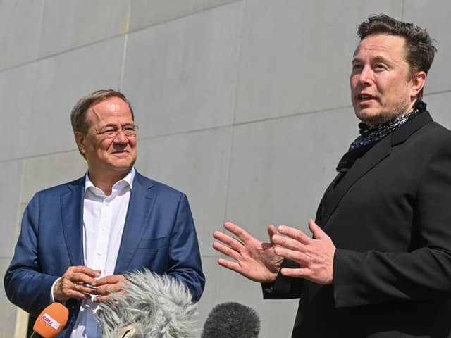 Twitter boss Elon Musk and Armin Laschet, CDU federal chairman and Prime Minister of North Rhine-Westphalia. Picture: Patrick Pleul - Pool/Getty Images