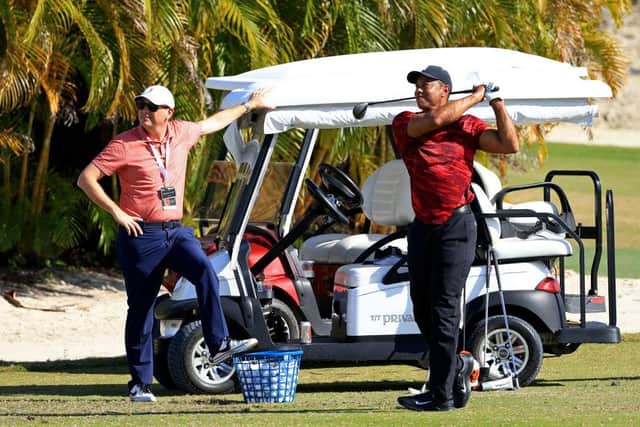 Tiger Woods hits balls on the range during the Hero World Challenge at Albany Golf Course in the Bahamas a fortnight ago. Picture: Mike Ehrmann/Getty Images.