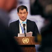 Dmitry Polyanskiy, First Deputy Permanent Representative of the Russian Federation, speaks at a press conference ahead of the United Nations Security Council meeting at the United Nations in April.