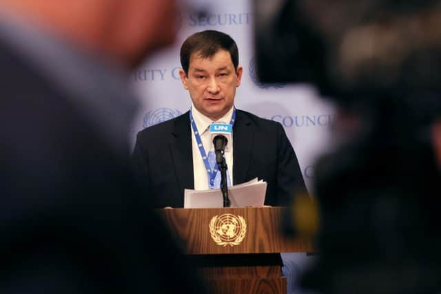 Dmitry Polyanskiy, First Deputy Permanent Representative of the Russian Federation, speaks at a press conference ahead of the United Nations Security Council meeting at the United Nations in April.