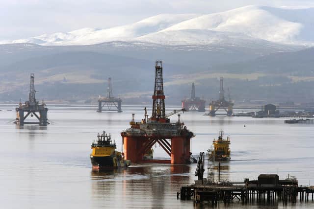 The oil platform Stena Spey amongst other rigs in the Cromarty Firth near Invergordon in the Highlands of Scotland.