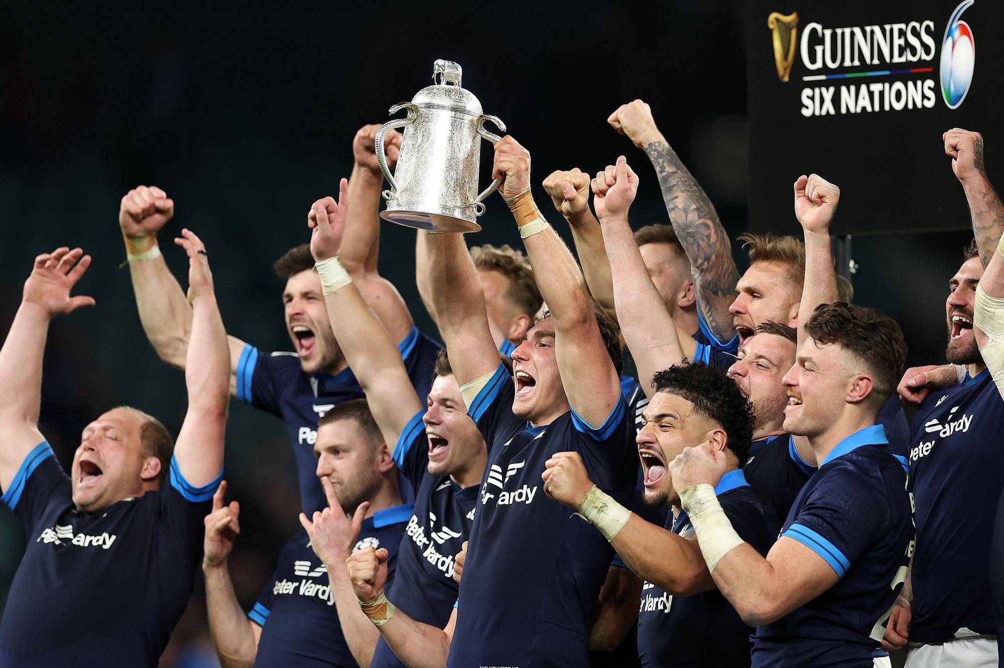 Jamie Ritchie of Scotland lifts the Calcutta Cup after the team's victory over England at Twickenham in 2023. Scotland are now going for their fourth win in a row over England. (Photo by Julian Finney/Getty Images)