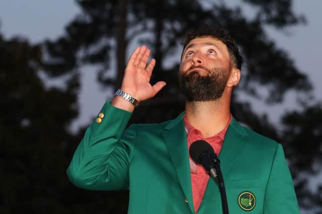 Jon Rahm during the Green Jacket Ceremony after winning the 2023 Masters at Augusta National Golf Club. Picture: Andrew Redington/Getty Images.